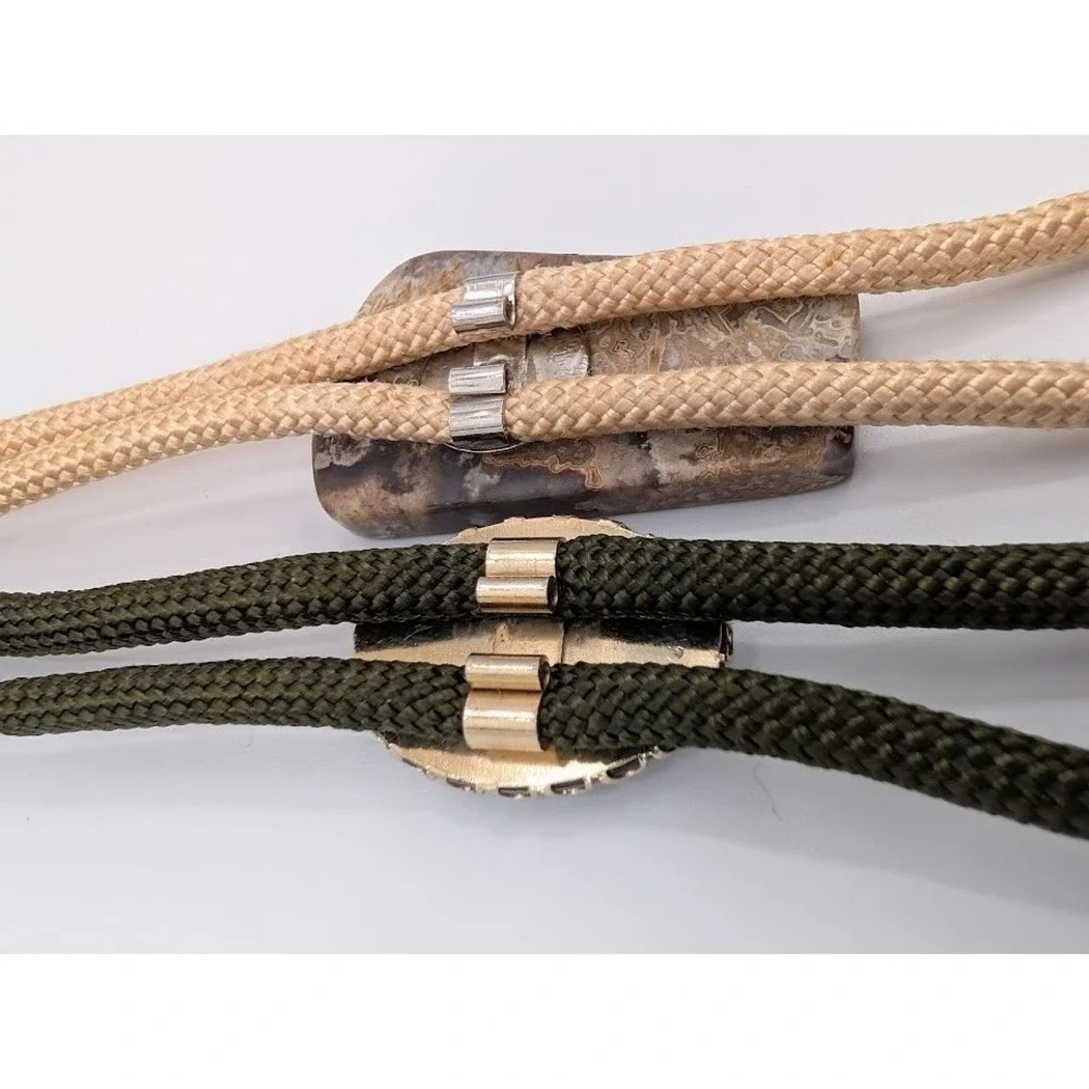 Lot of 2 Vintage Bolo Tie Green‎ and Tan Natural Stone Western Necktie Festival
